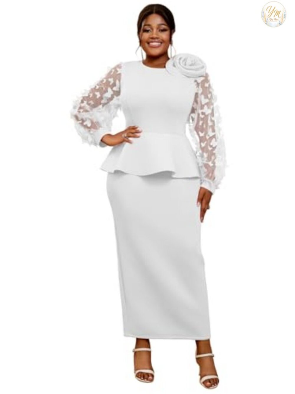 Women's Peplum Maxi Dress Bishop Sleeve Butterfly Cocktail Gown